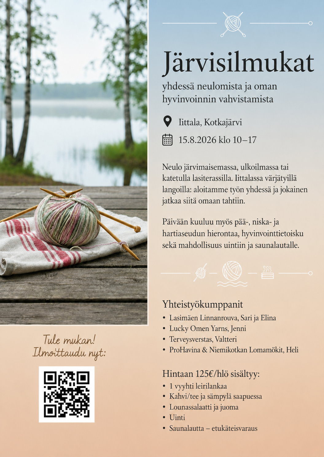 Järvisilmukat-mainos, jossa järvimaisema, lankakerä ja tapahtuman tiedot